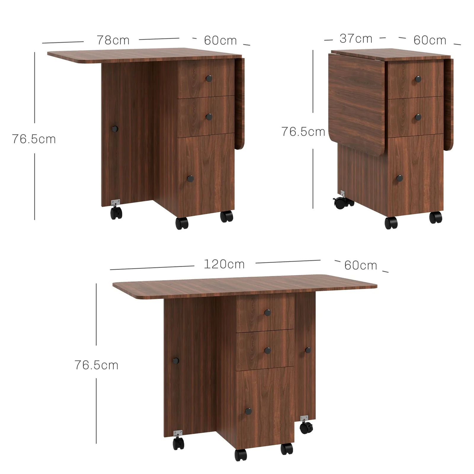 HOMCOM Folding Dining Table for 4-6 Drop Leaf Table on Wheels Brown 3