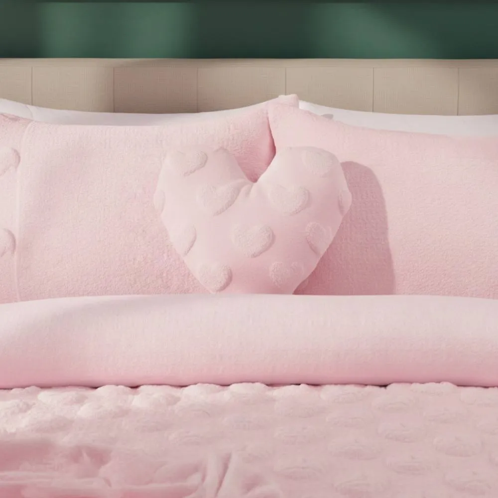 Snug City Heart Shaped Teddy Fleece Cushion Ultra Soft Plush Decorative Pillow in Pink