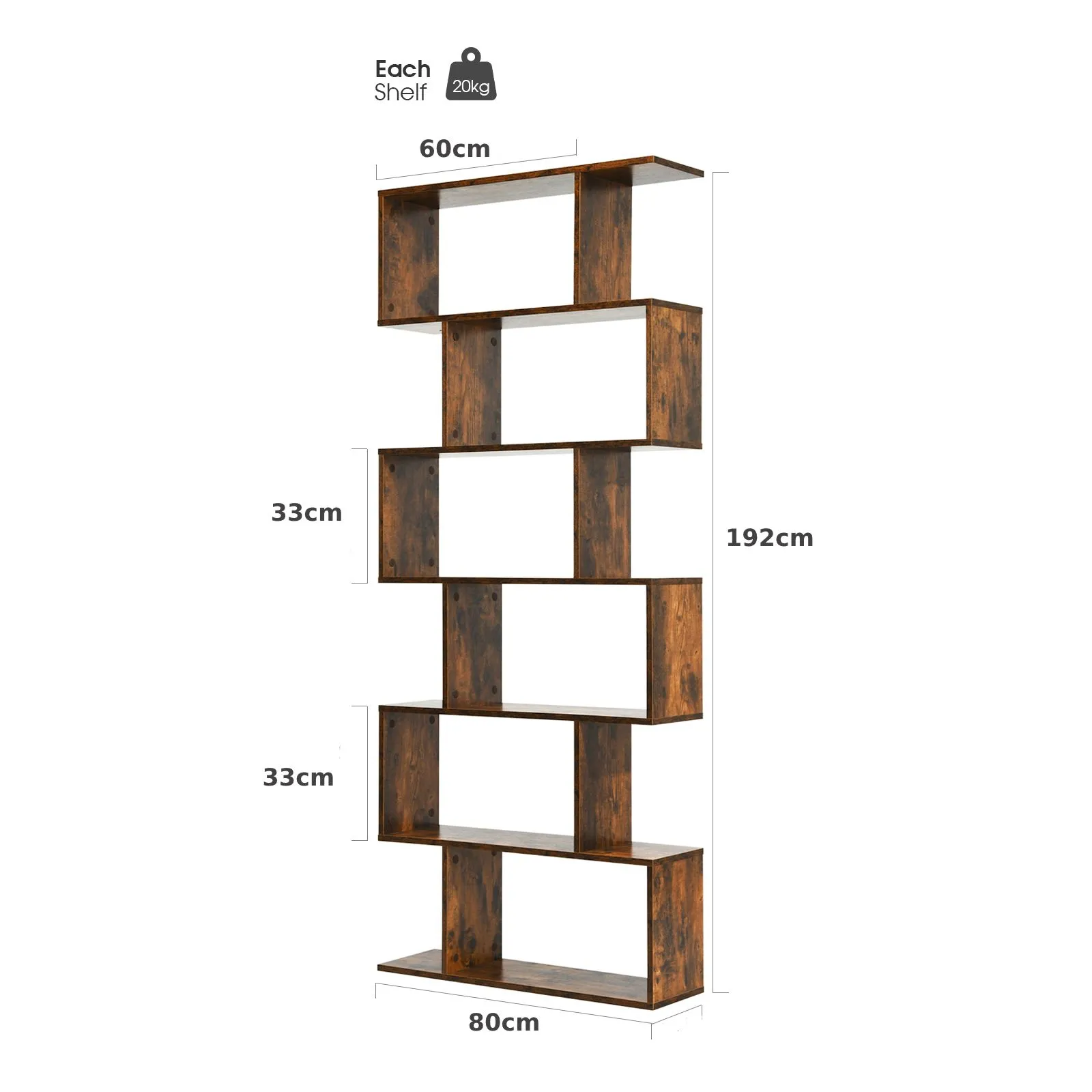 Costway 6-tier Bookcase Industrial S-Shaped Bookshelf Wooden Storage Display Rack in Brown 2