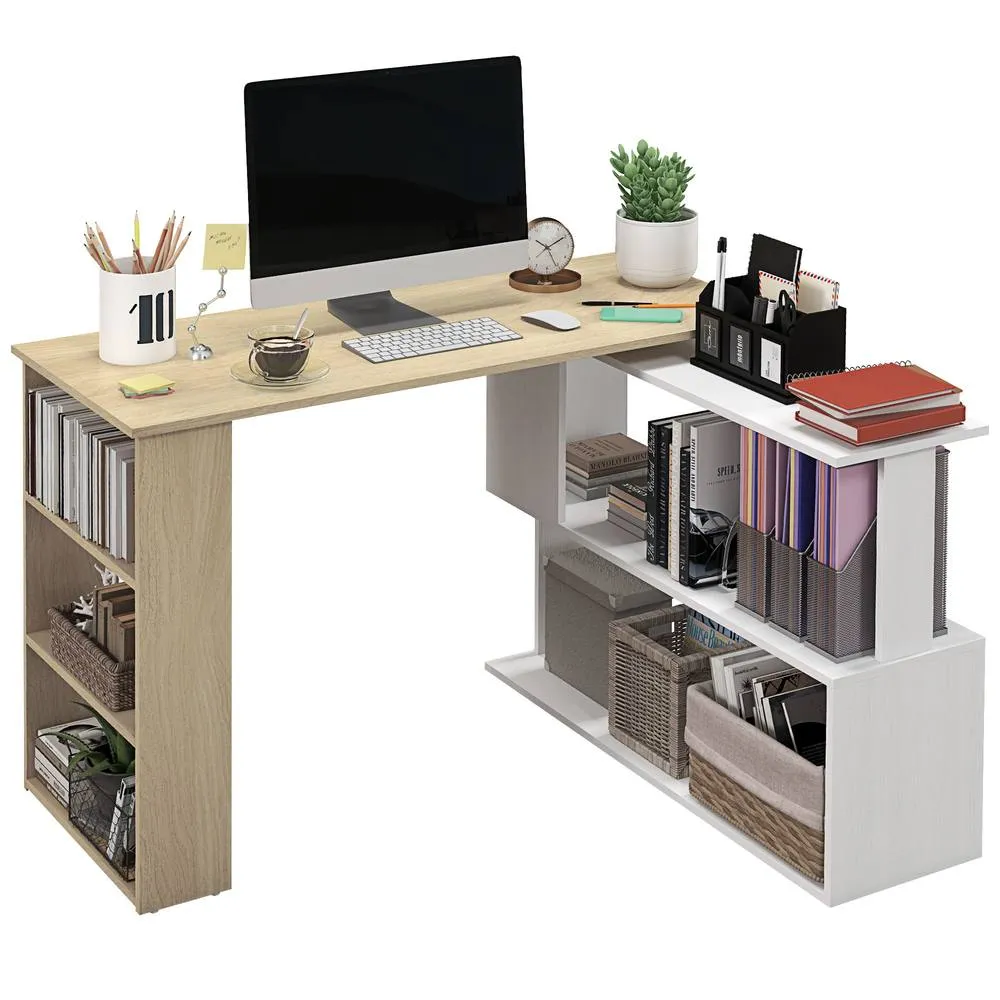 HOMCOM Corner Desk with Rotating Design & Bookshelf, Natural & White 2