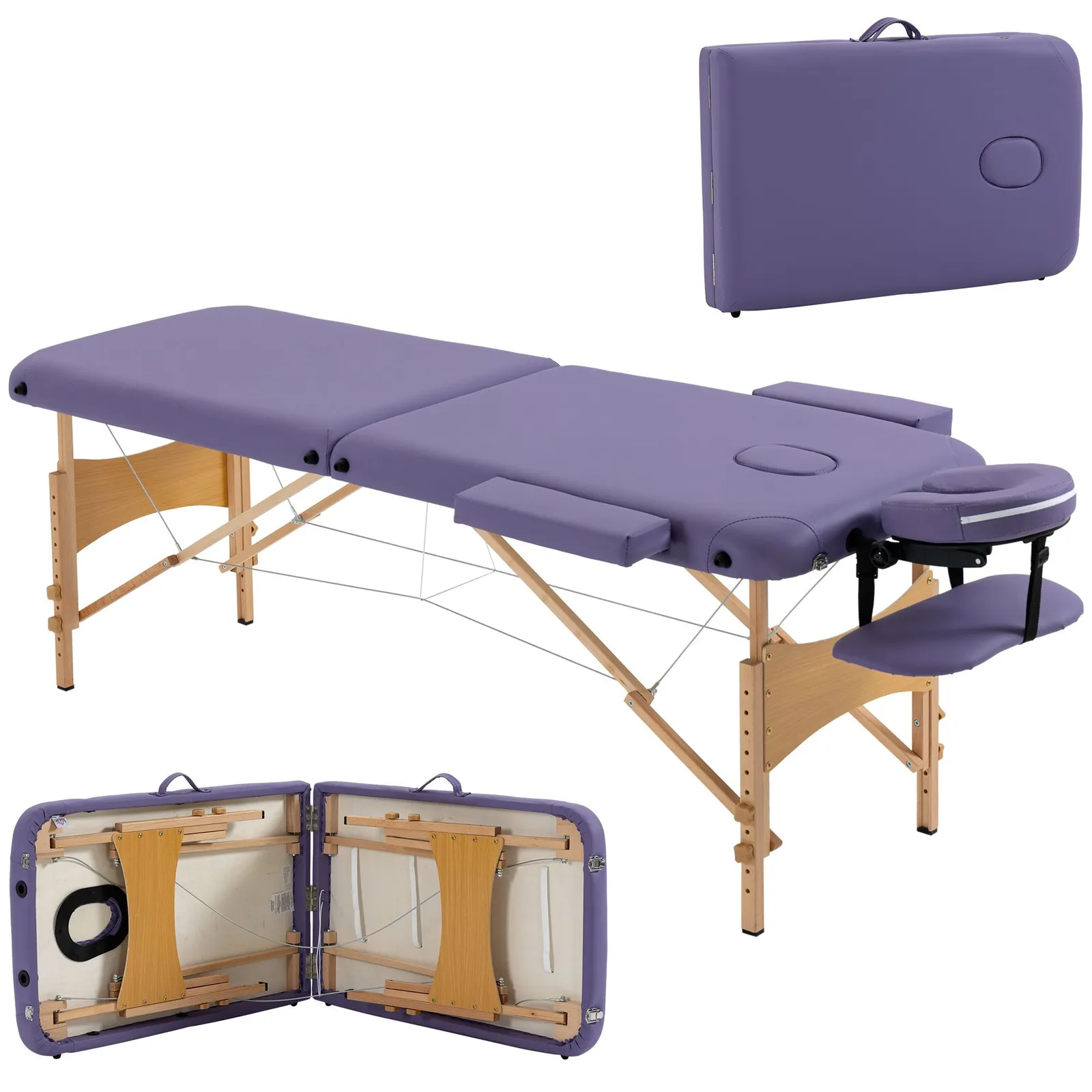 HOMCOM Wooden Folding Spa Beauty Massage Table w/ 2 Sections, Carry Bag in Purple 2