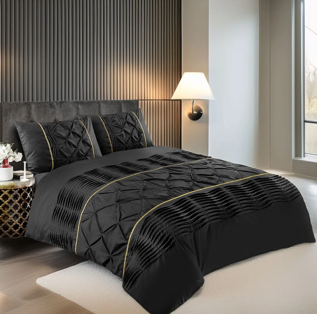 Snug City Duvet Cover & Pillowcase Set Modern Pintuck Border Pleated Bed Linen in Black