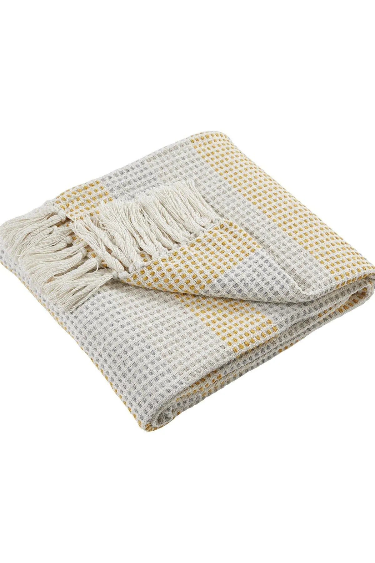 Appletree 'Reva' 100% Cotton Bedspread Throw Woven Stripes With Tasselled Edges in Mustard 3