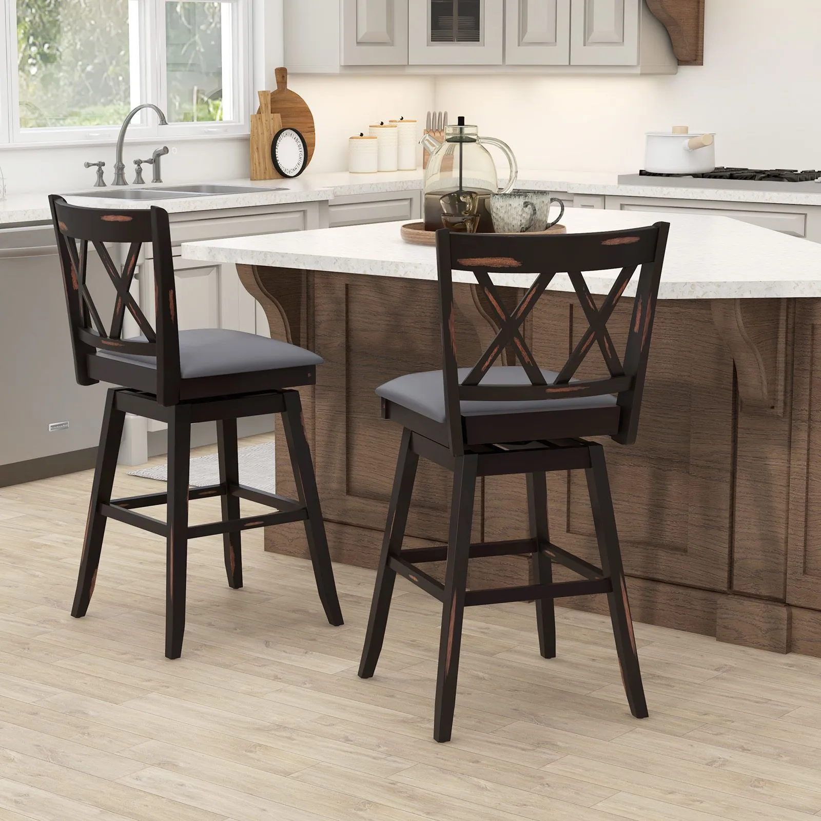 Costway Set of 2 Bar Stools Counter Height Chair Pub 360 °Swiveling Upholstered Seat 29" 3