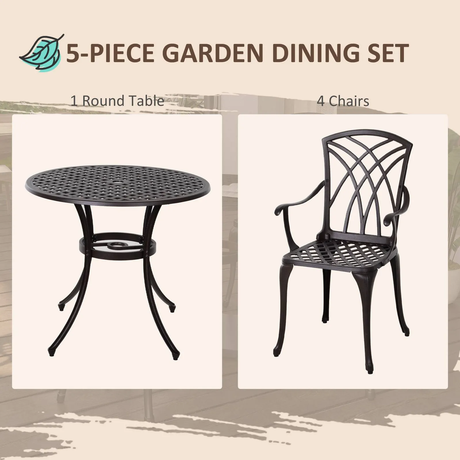 OUTSUNNY 5 PCs Coffee Table Chairs Outdoor Garden Furniture Set with Hole in Brown 4