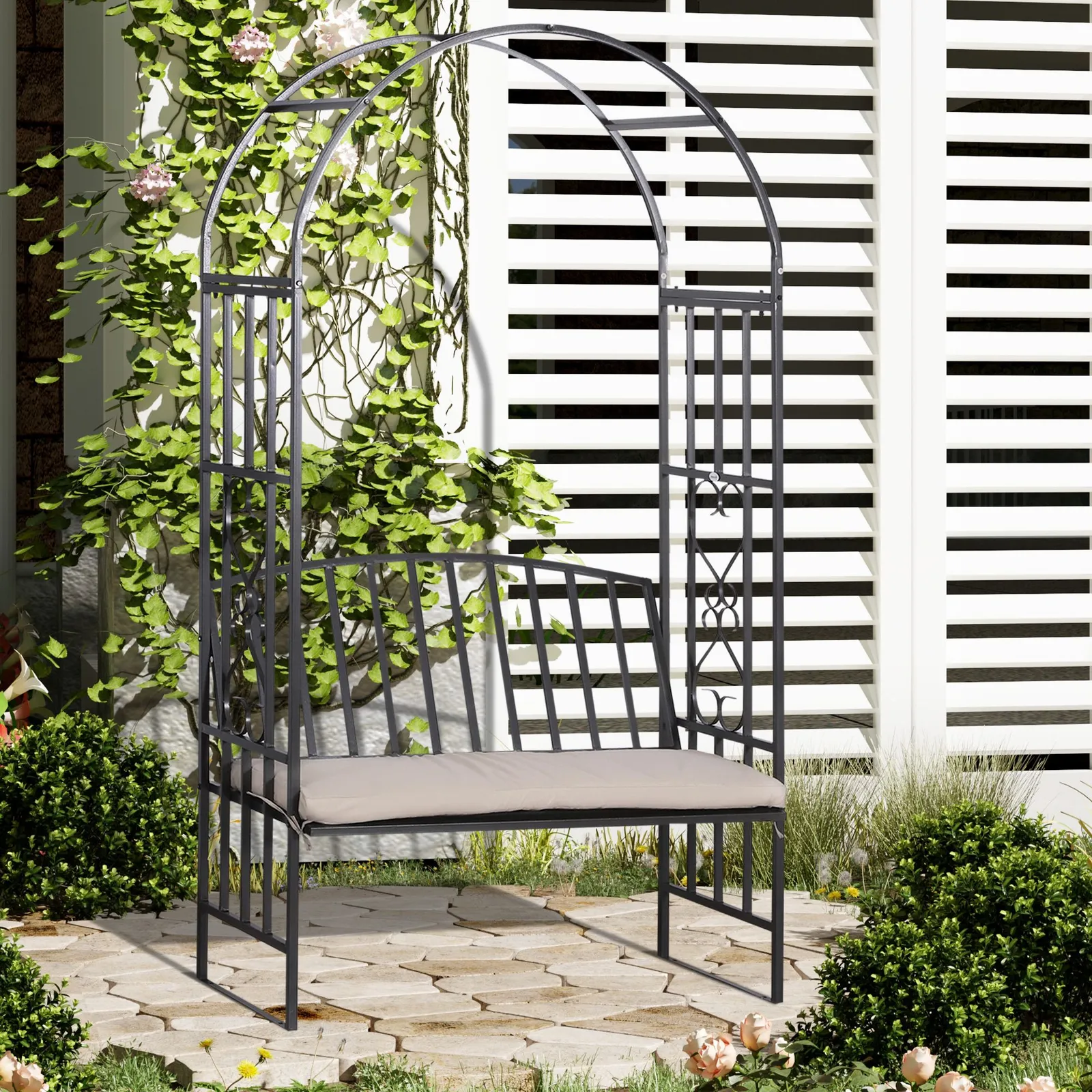 OUTSUNNY Garden Arbor Arch Metal Bench Padded Seat Outdoor Decoration Patio in Dark Grey