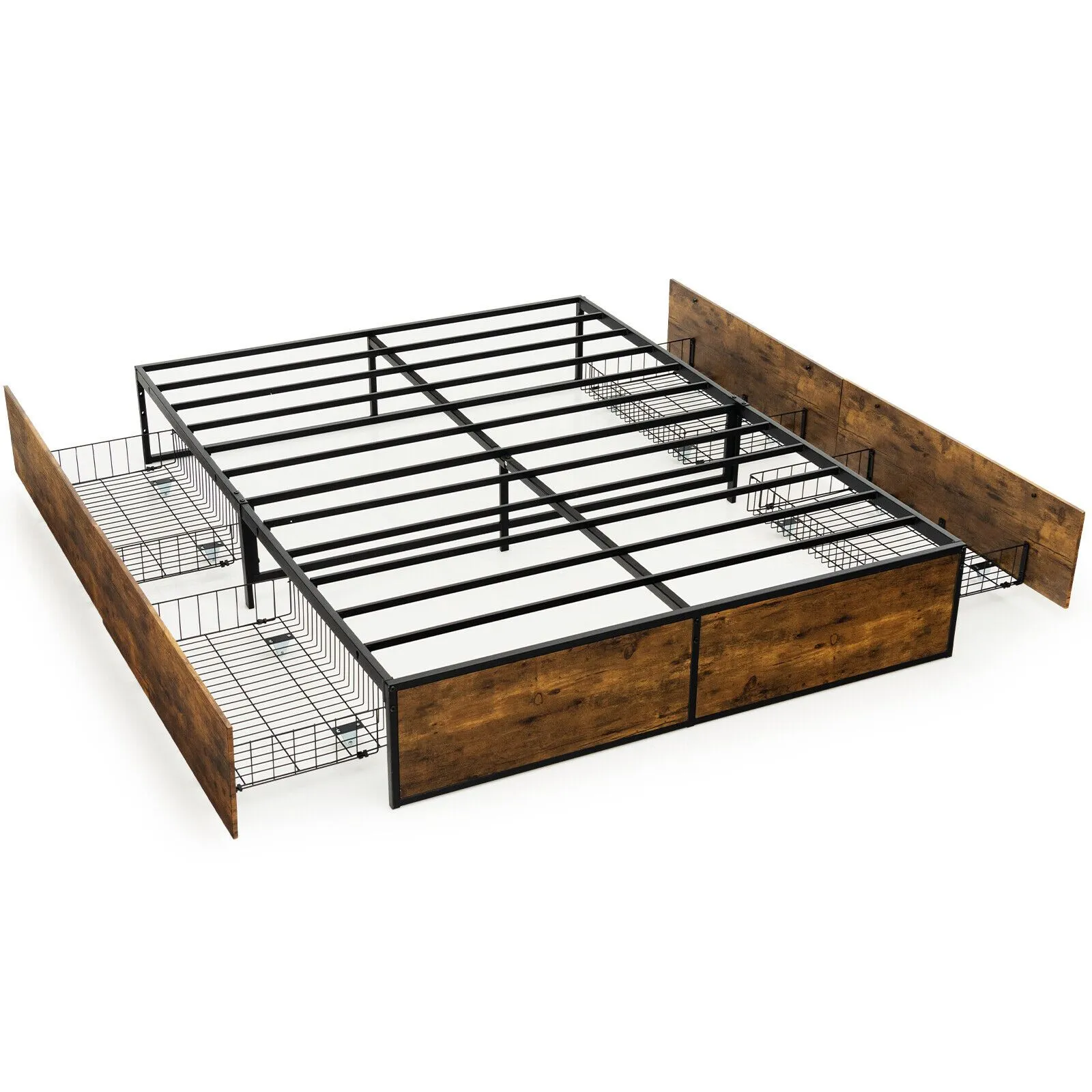 Costway Double Iron Bed Frame 4 Underbed Storage Drawers Platfrom Bed Slat Support Base in Brown