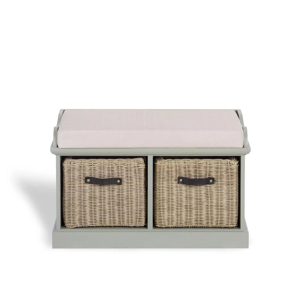 Statement Furniture Tetbury Bench with 2 Brown Faux Rattan Baskets & Cream Cushion in Light Green 3