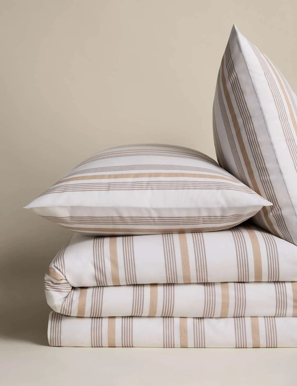 M&S Pure Cotton Striped Bedding Set Biscuit