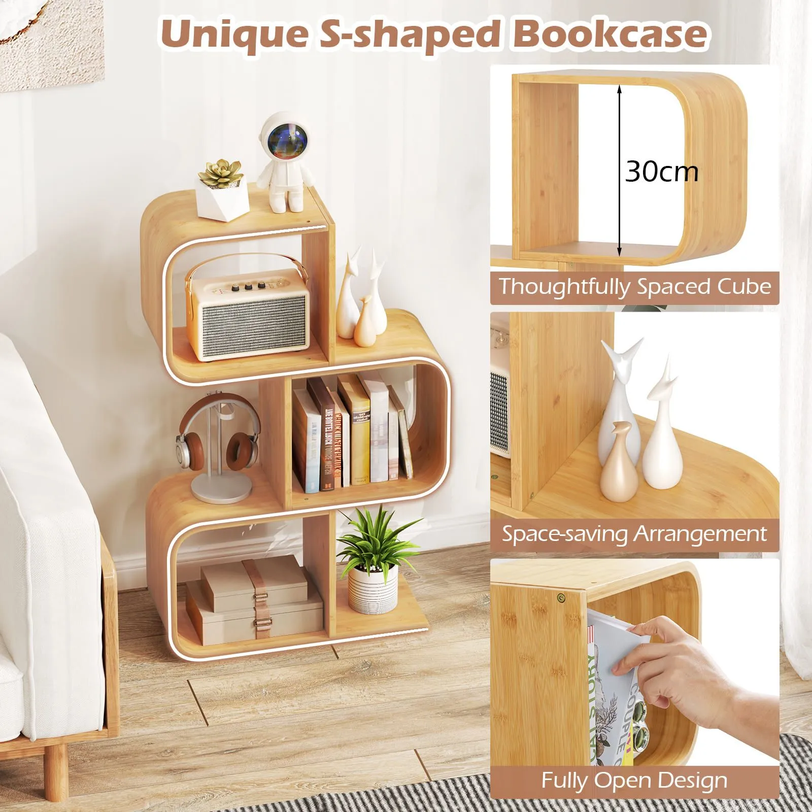 Costway 3-TierS-Shaped Bookcase, Bamboo Bookshelf w/3 Open Cubes in Natural 3