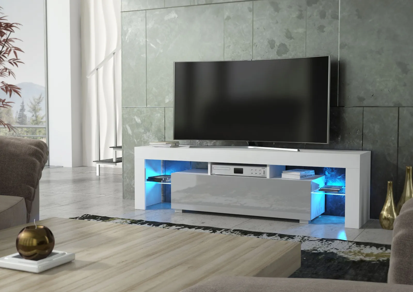 Creative Furniture Aria TV Unit 160cm White with High Gloss Doors & LED Lights in Grey 2