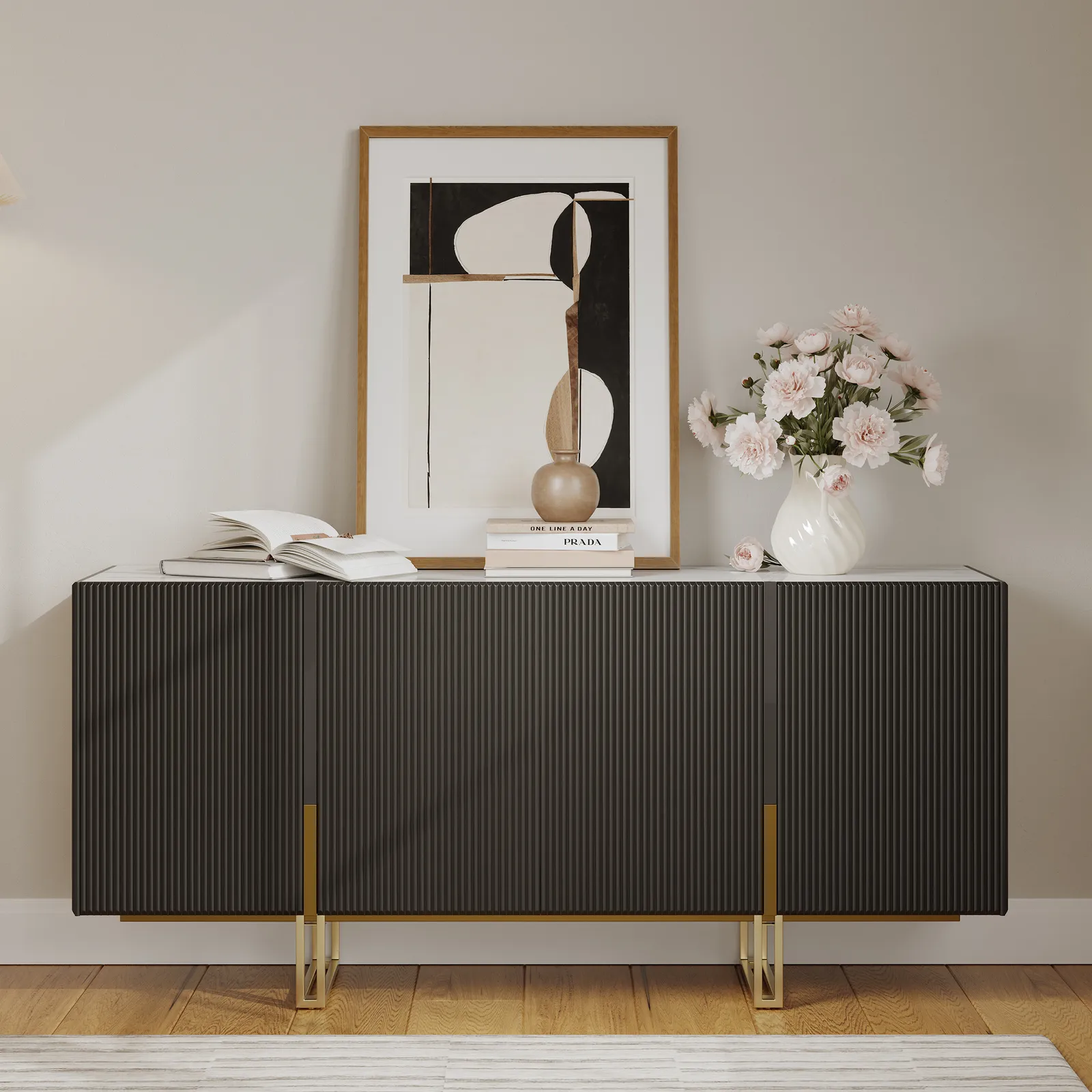 Grovyn 1200mm Buffet Sideboard Sintered Stone Top Black Fluted with Adjustable Shelves