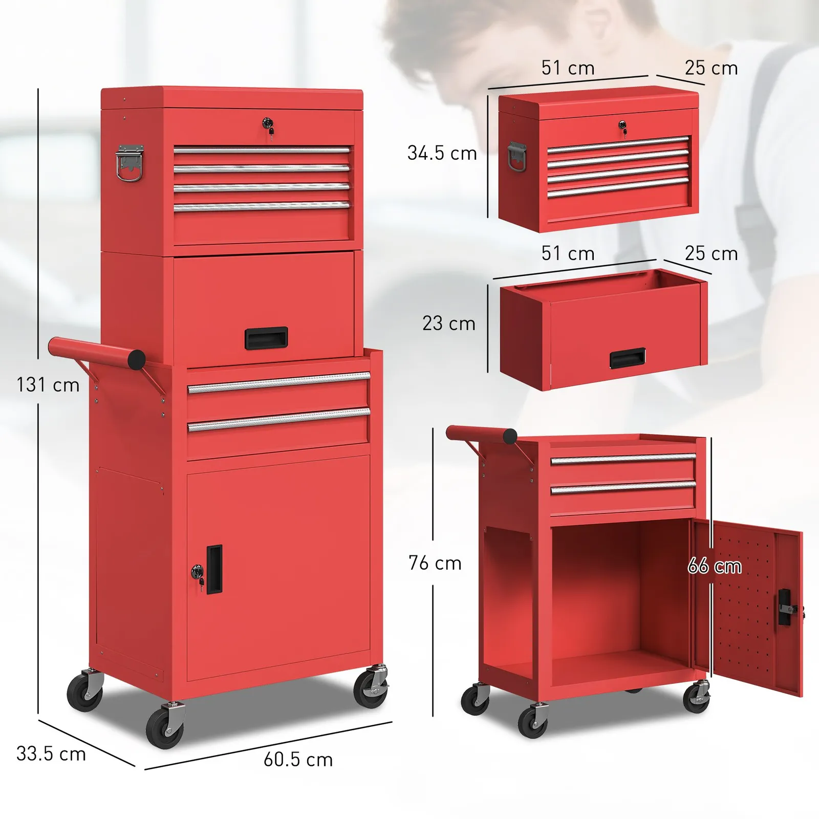 HOMCOM Tool Cabinet with 6 Drawers, 3-in-1 Rolling Tool Chest with Wheels in Red 3