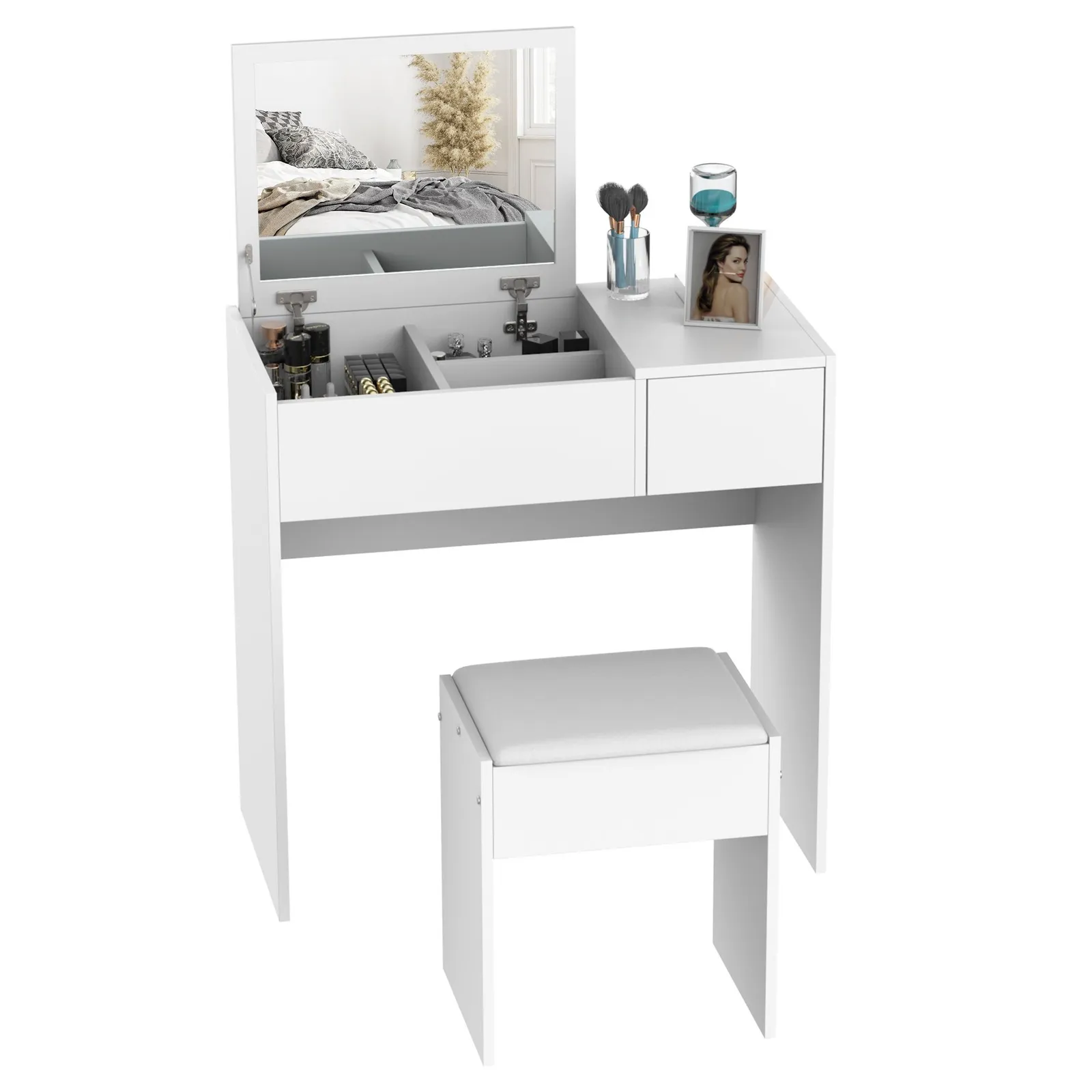 HOMCOM Dressing Table Set Cushioned Stool Flip-up Mirror Drawer Chipboard in White 2