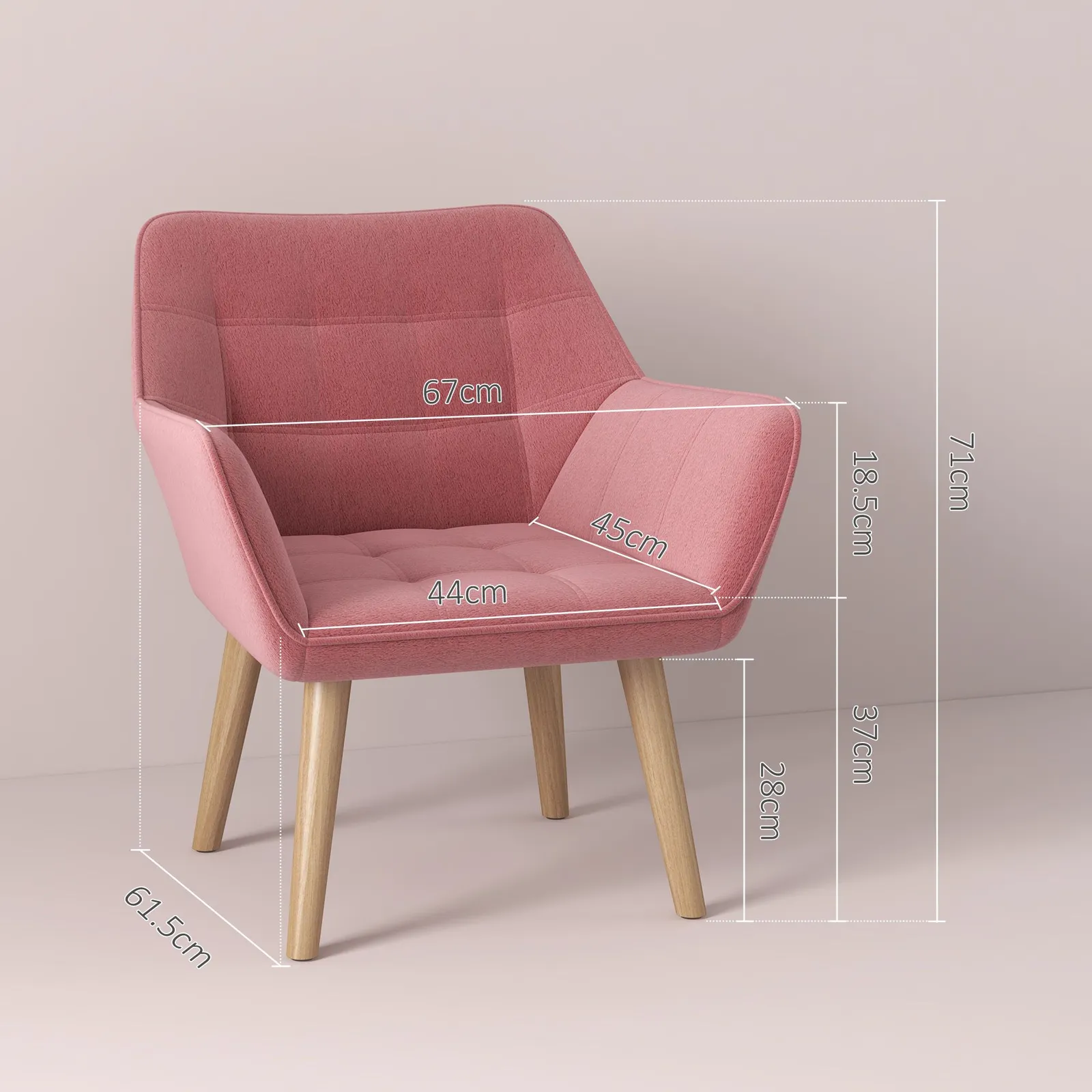 HOMCOM Velvet-Feel Accent Chair with Arms Slanted Back Wood Legs in Pink 3