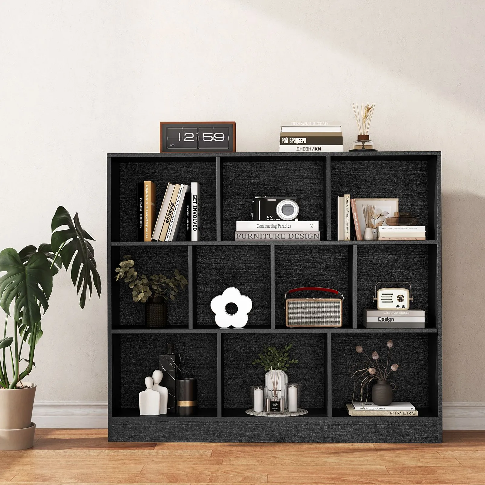 Costway 10-Cube Bookshelf 3-Tier Wood Display Shelf 120cm Storage Organizer in Black 4
