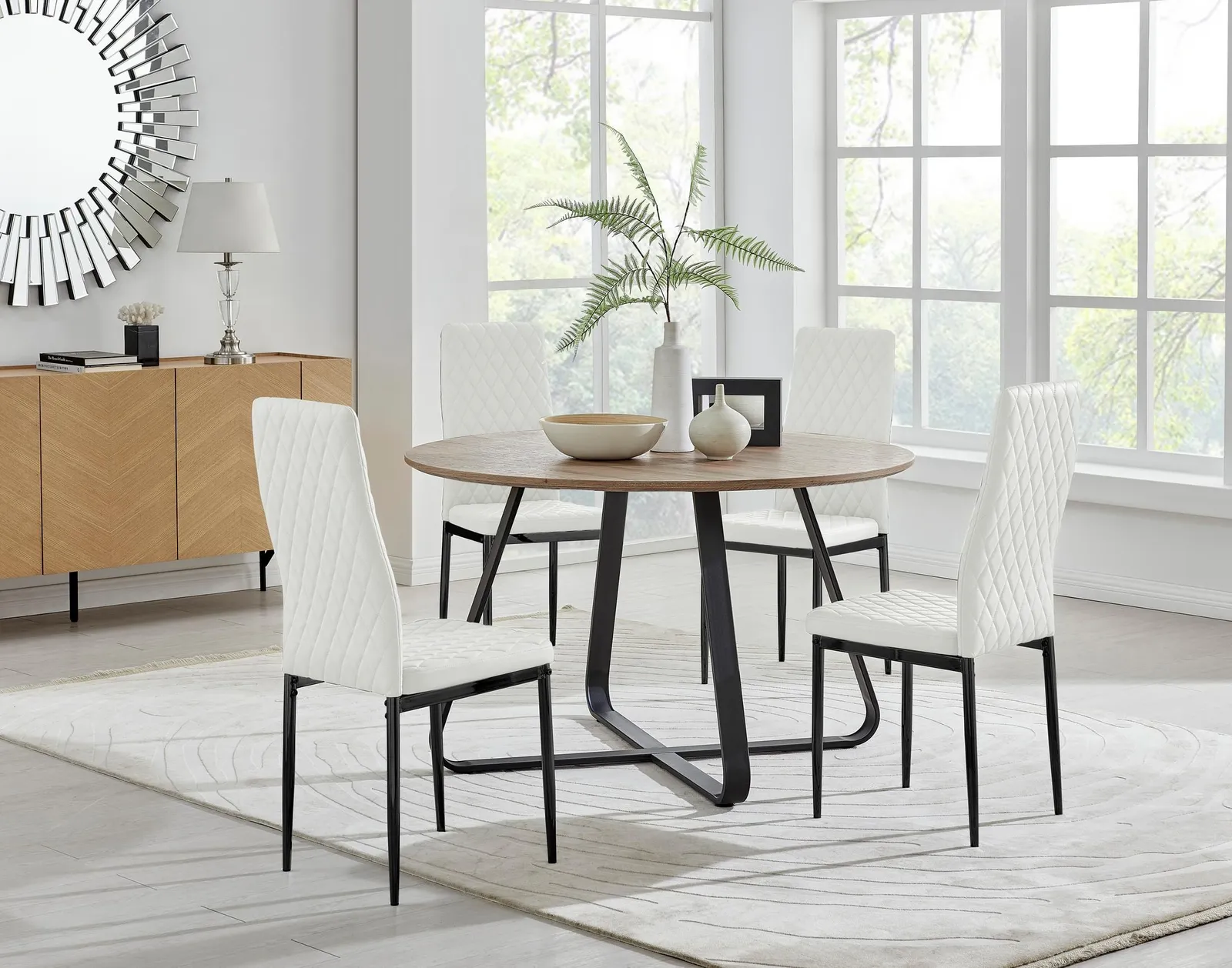 FurnitureboxUK Santorini Brown Round Dining Table & 4 Milan Black Leg Chairs in Off-White 1