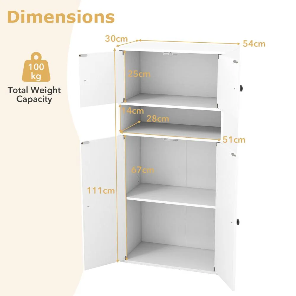 Costway 111 cm Tall Bookcase 4-Tier Modern Storage Organizer with 4 Doors in White 2