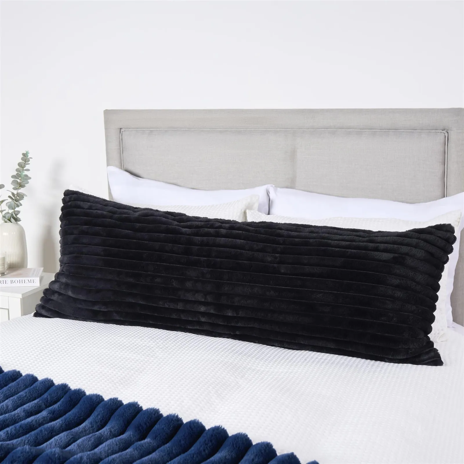 OHS Ribbed Faux Fur Bolster Pillow Soft Maternity Support Cushion in Black