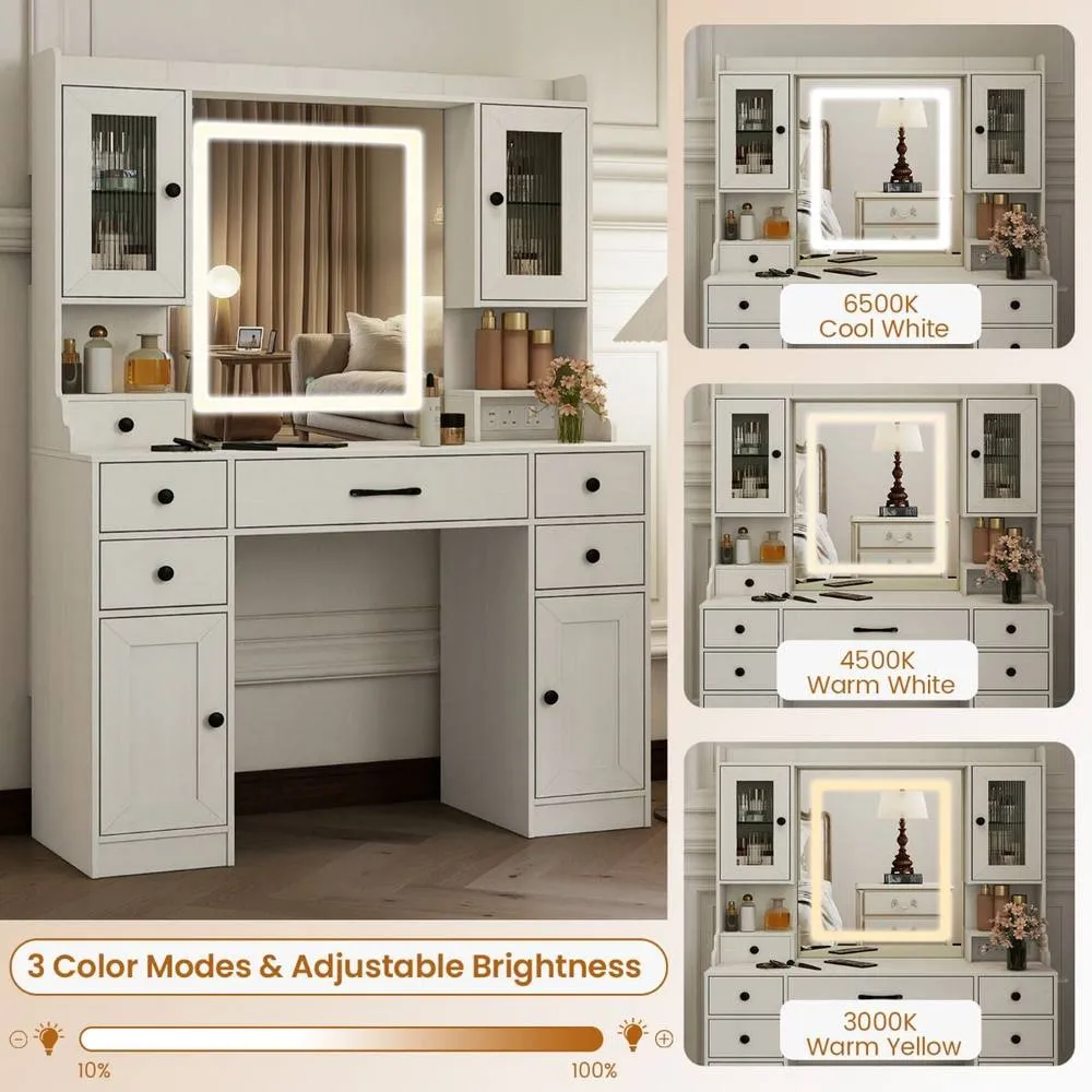 Costway Modern Dressing Table Vanity Desk with Mirror & Lights in White 6