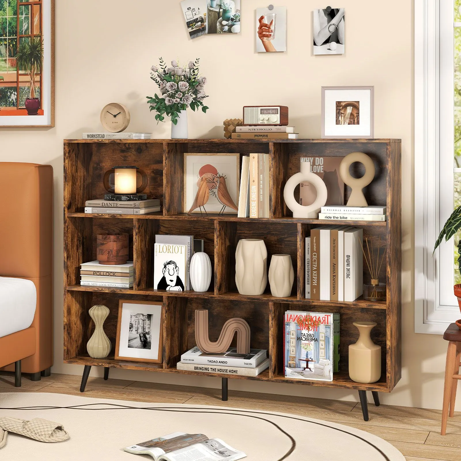 Costway 10-Cube Bookcase 140 CM Mid Century Modern Storage Organizer in Brown 3