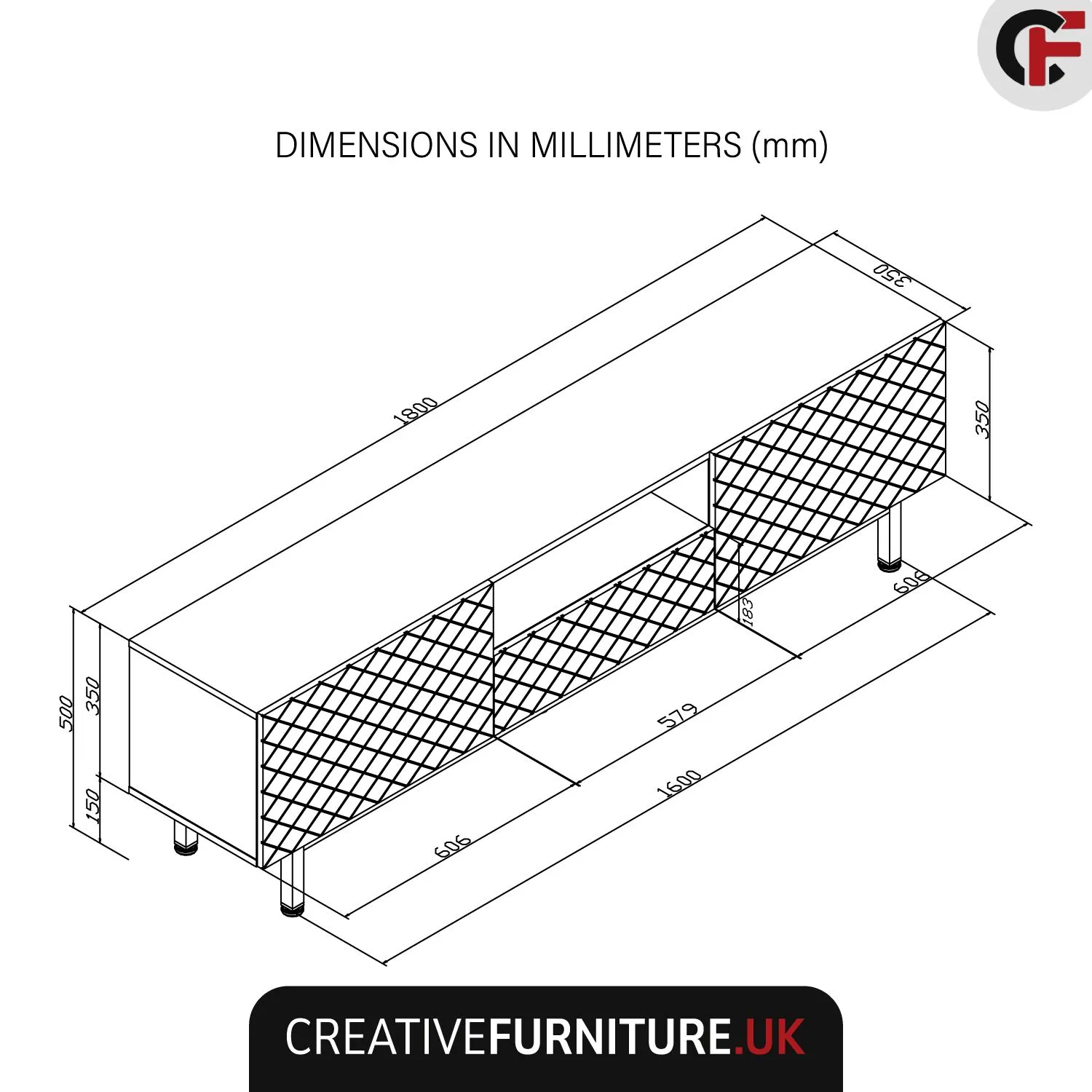 Creative Furniture Diamond Luxe TV Unit 180cm - Luxury Cabinet with Push to Open Storage in Dark Grey 5