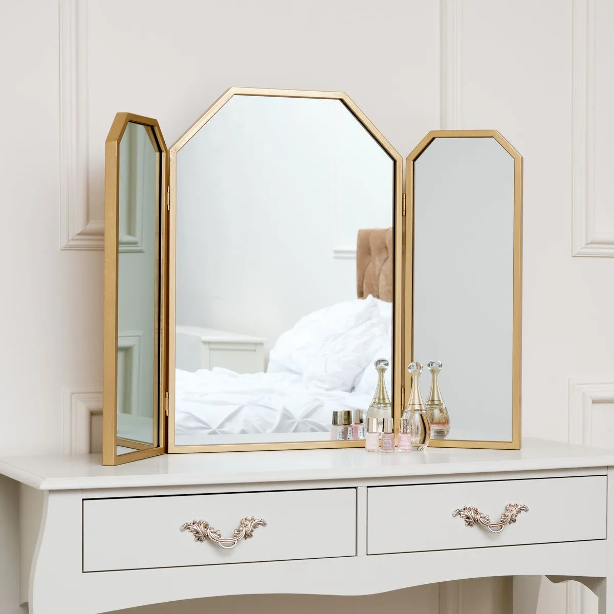 Melody Maison Gold Hexagon Triple Dressing Table Mirror 82cm X 59cm