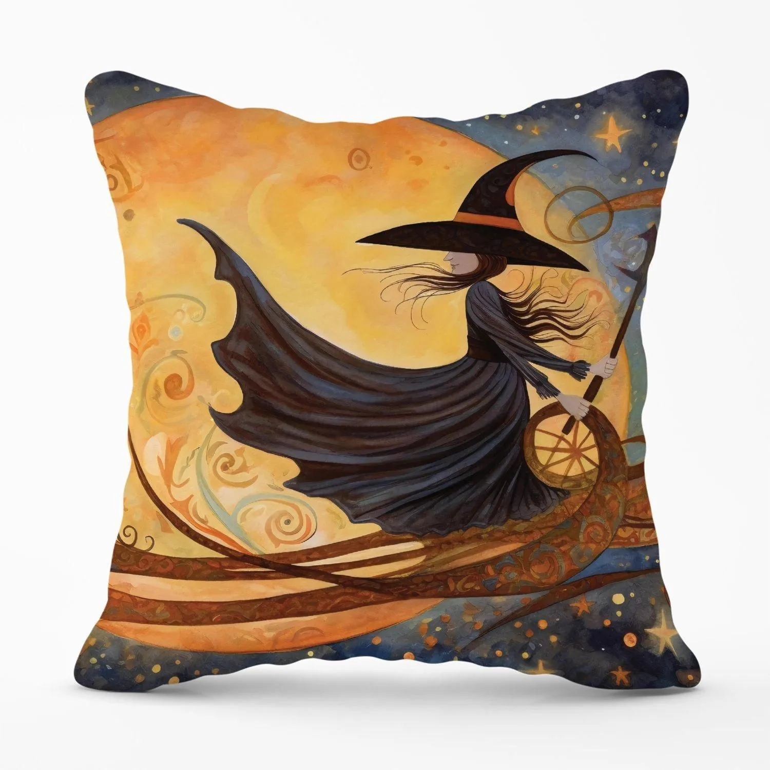 Warren Reed - Designer Imaginative Painting Of A Whimsical Witch On A Broomstick Outdoor Cushion in Orange