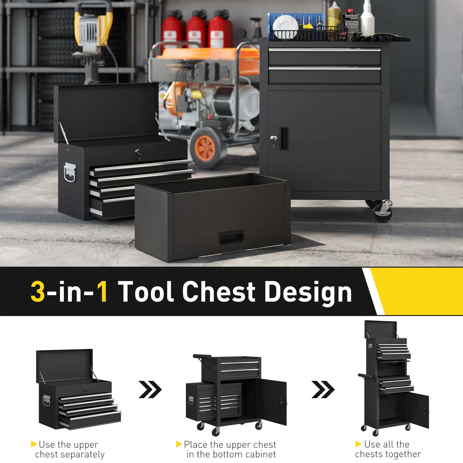 HOMCOM Tool Cabinet with 6 Drawers, 3-in-1 Rolling Tool Chest with Wheels in Black 5