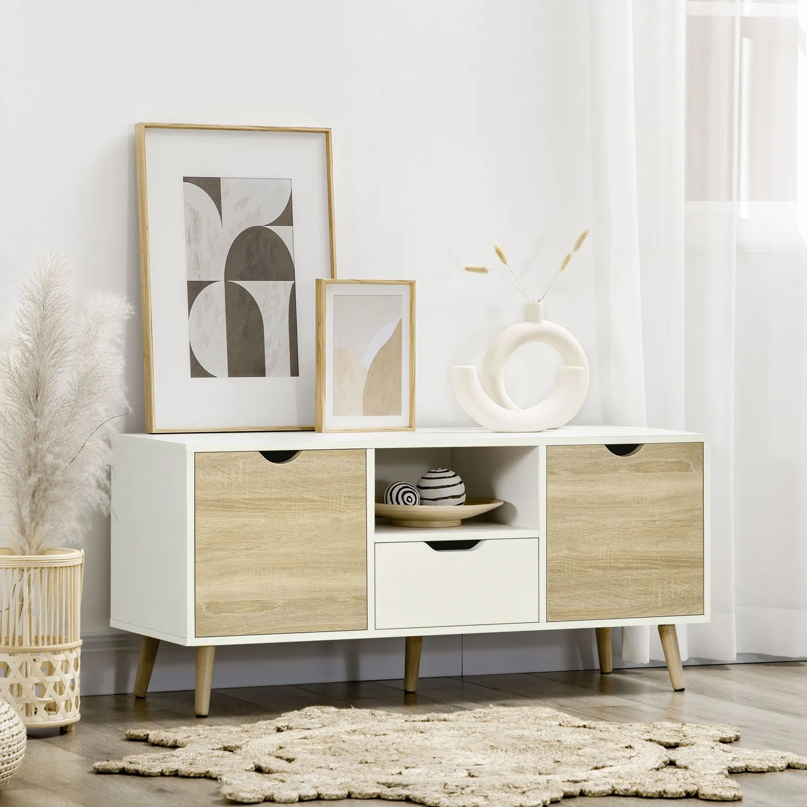 HOMCOM Modern TV Unit Cabinet Stand with Cabinets & Drawer in Light Brown