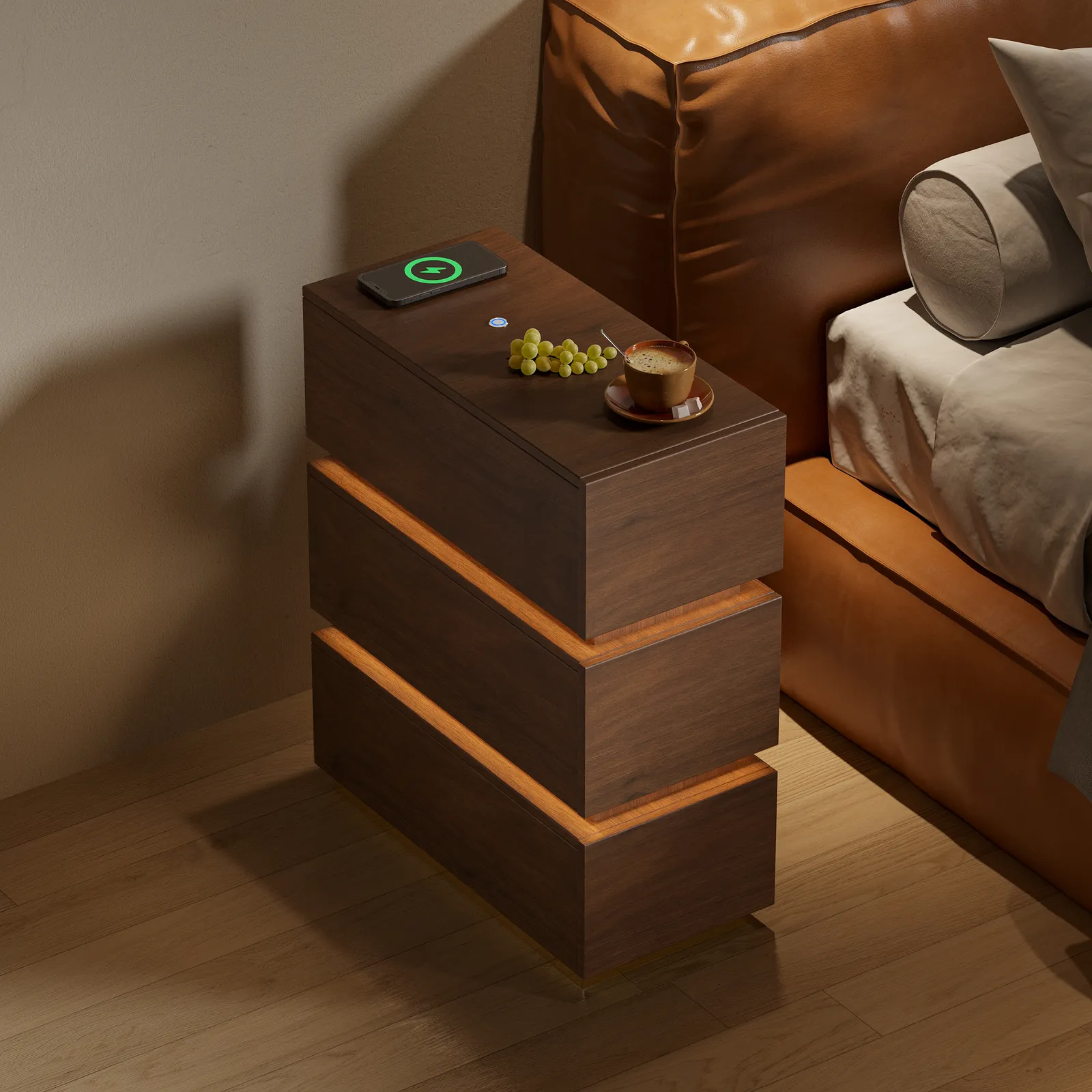 Smart LED 3 Drawer Nightstand Wireless Charging Station Bedside Table with Light Modern Black