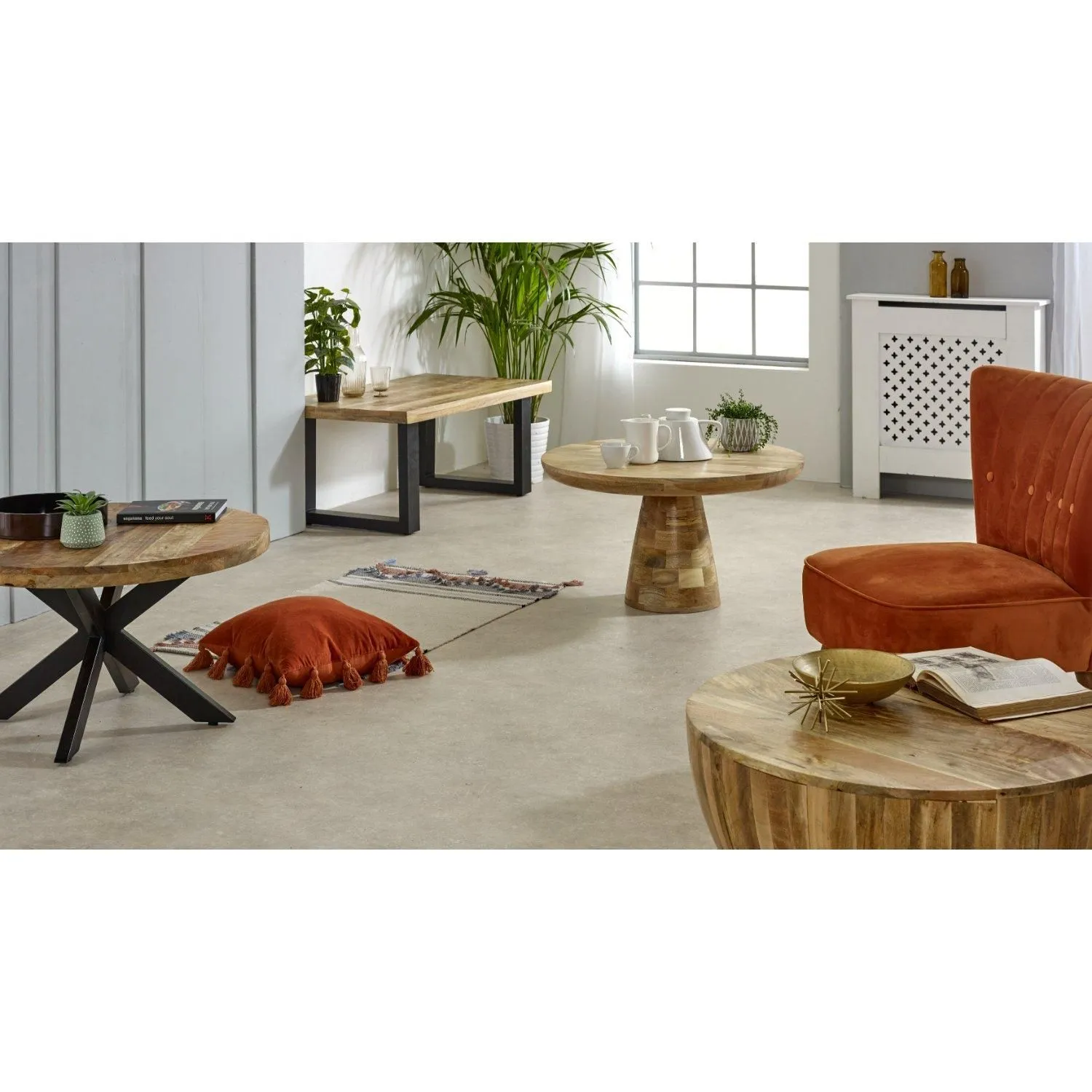 IH Design Bratton Mango Wooden Round Coffee Table Spider Legs in Brown 3