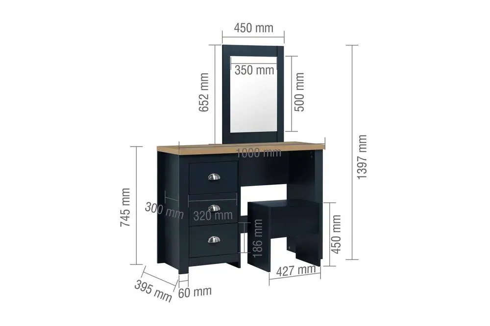 Birlea Highgate Dressing Table With Stool & Mirror Navy Blue 5