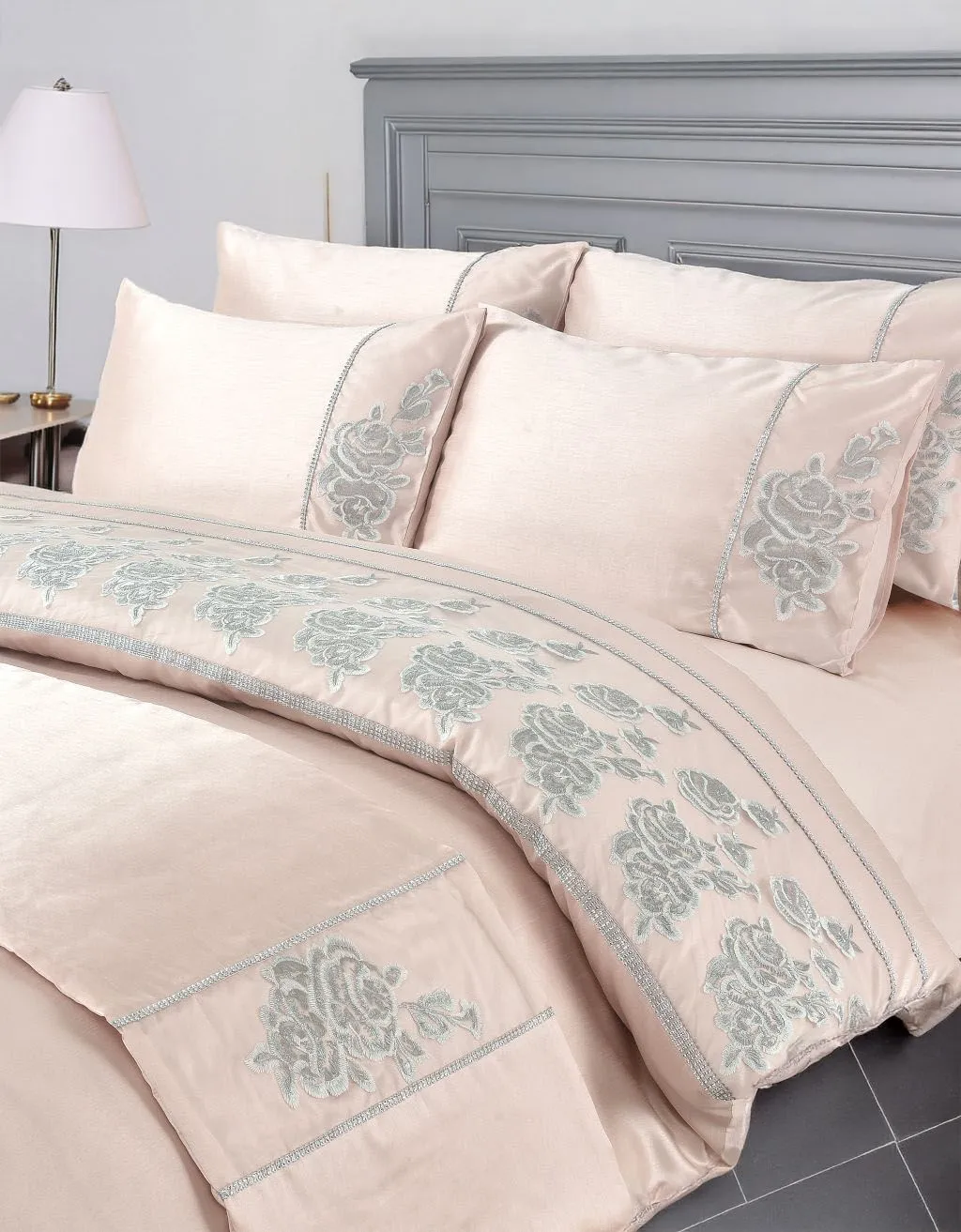 Snug City Duvet Cover & Pillowcase Set Embroided Luxury Design Polyester Linen in Pink