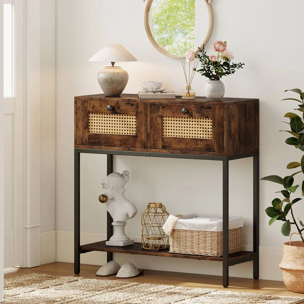 Costway 80CM Boho Console Table Modern Wooden Entryway Table w/2 Drawers in Brown
