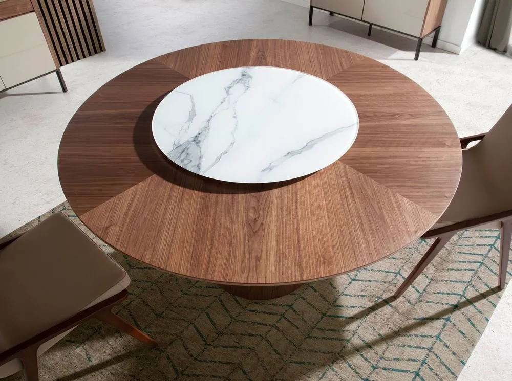 Angel Cerda Model Round Walnut Dining Table with Rotating Marble in Brown 4