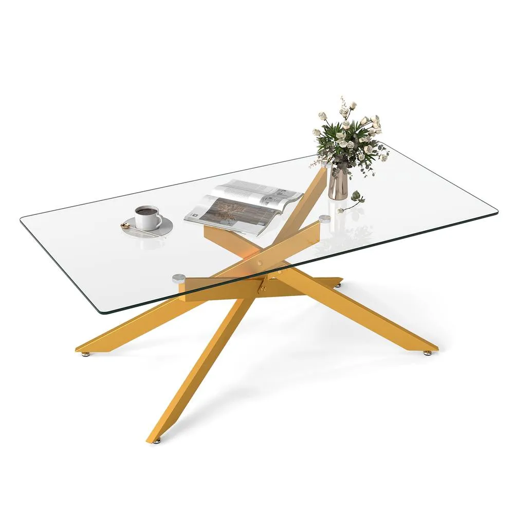 Costway Modern Glass Coffee Table Rectangle Center Cocktail Table Side Table in Gold 4