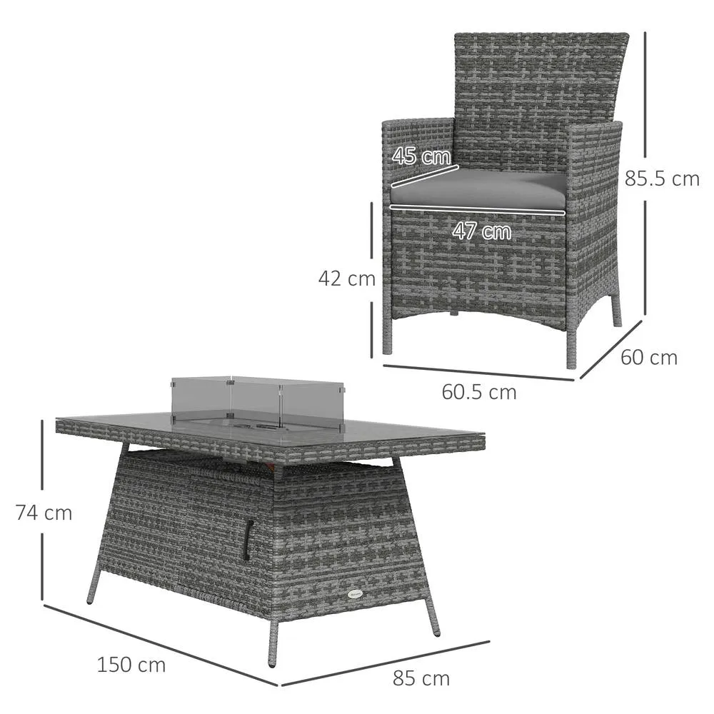 OUTSUNNY Rattan Dining Set with Fire Pit Table & Armchairs, Grey 3