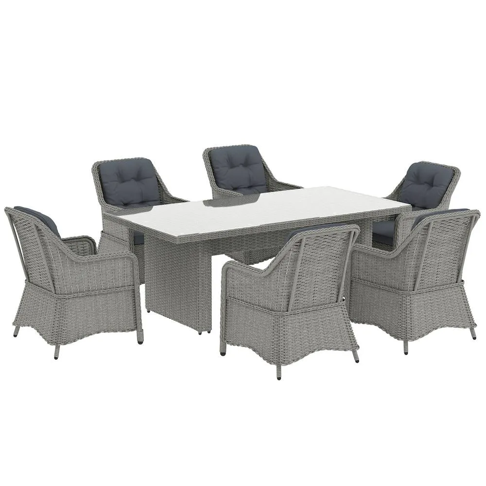 OUTSUNNY 6 Seater Rattan Dining Set with Glass Top Table & Cushions, Grey 2
