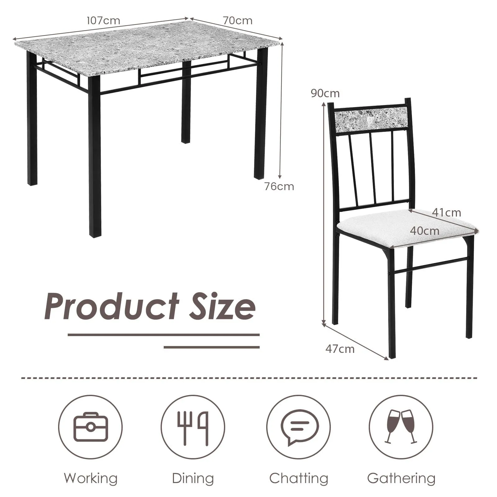 Costway Marble 5-piece Kitchen Dining Set Dining table w/Sponge Cushion-Grey in Grey 2