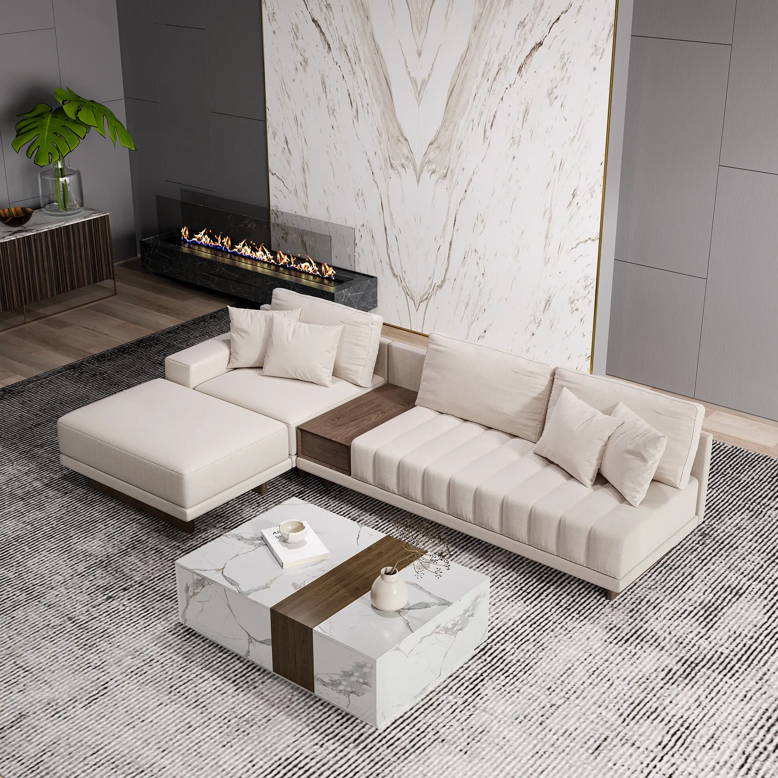 Modern Living Room Couch Set Fabric L-Shaped White Modular Sectional Sofa & Wood Block Coffee Table