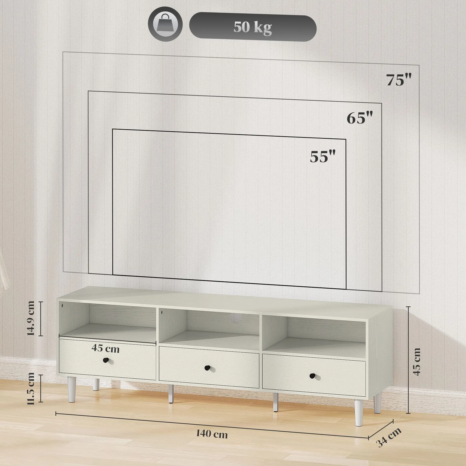 HOMCOM TV Unit, TV Cabinet for up to 75", with Drawers, Shelves, Cream White 3