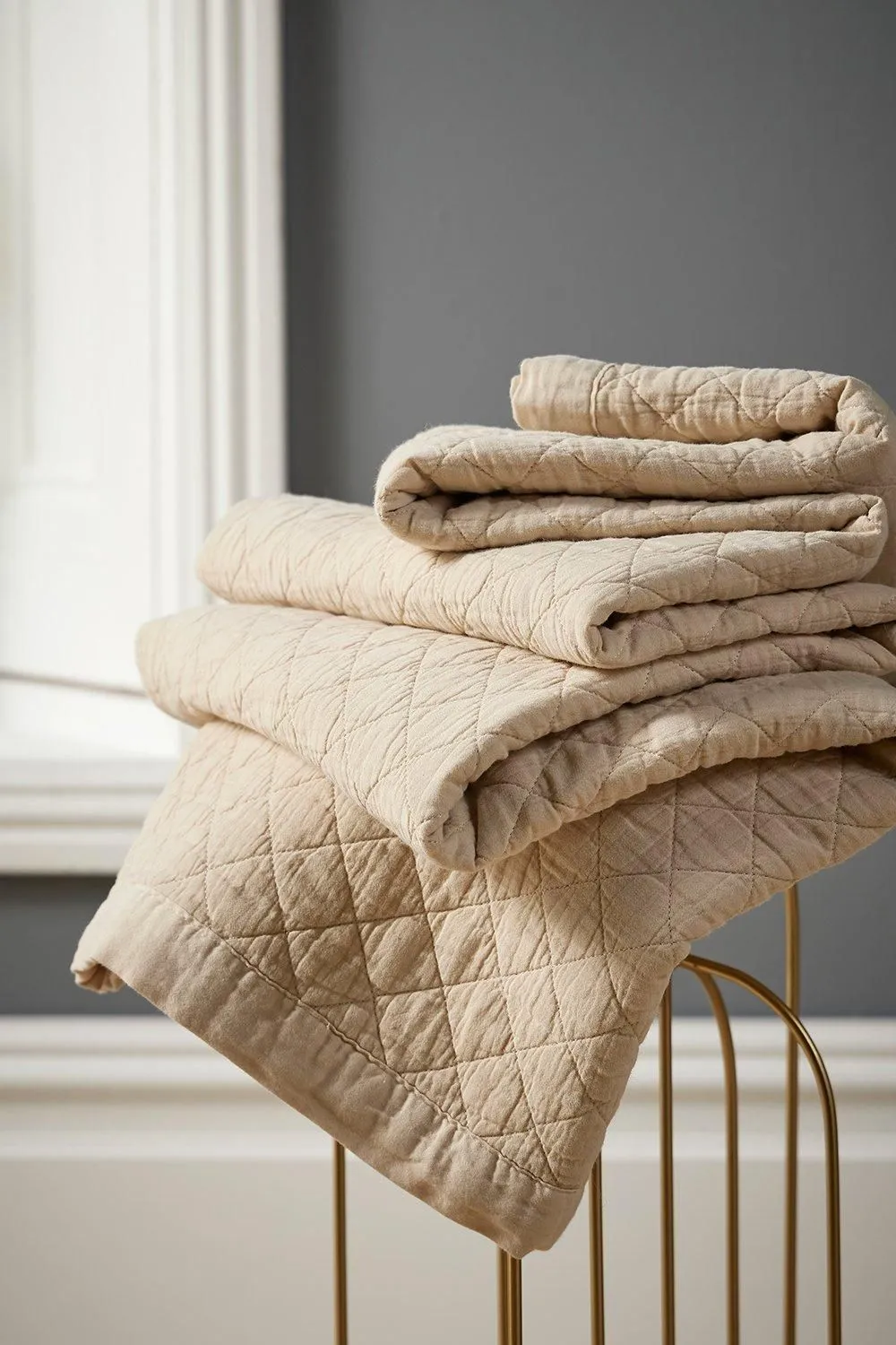 CHRISTY 'Porto' Quilted 100% Cotton Blanket Throw in Beige