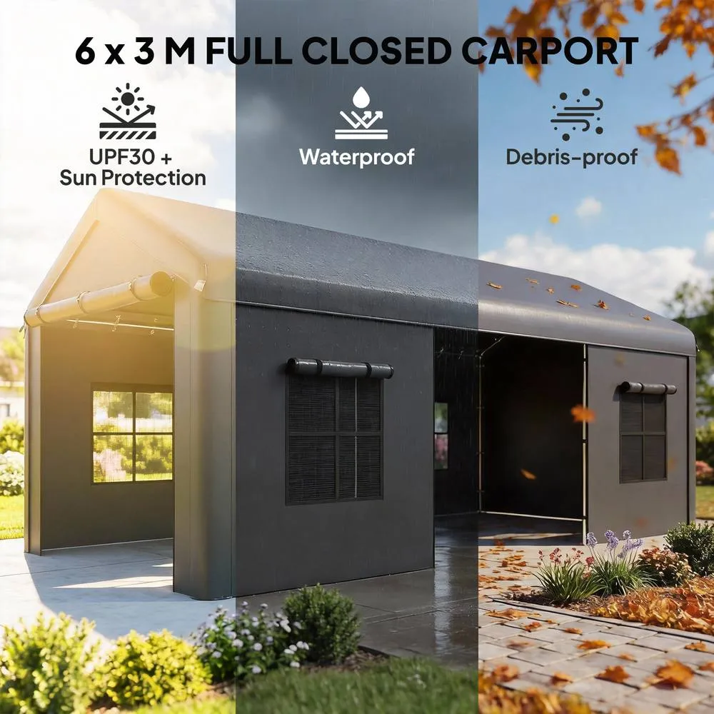 OUTSUNNY 3 x 6 m Heavy Duty Carport, Portable Garage with 3 Doors, Dark Grey 4
