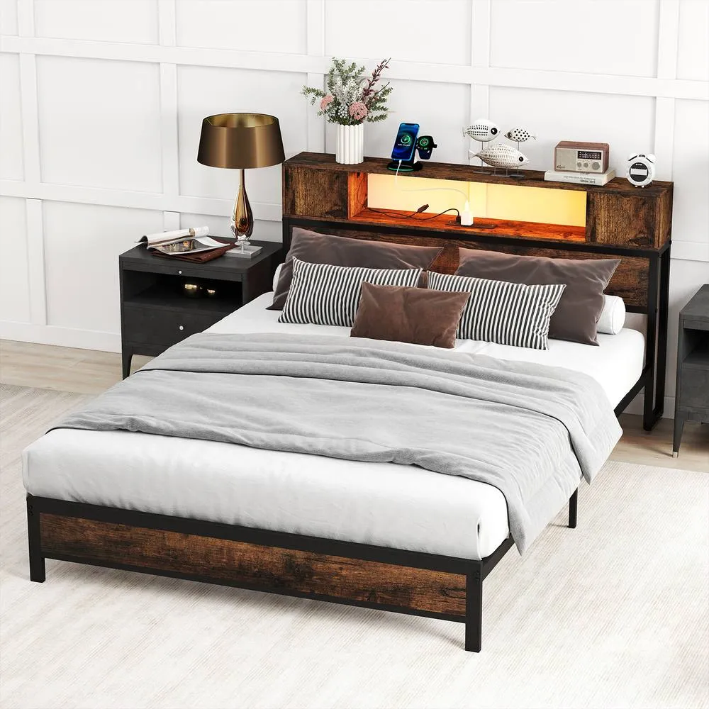 Costway Double Size Bed Frame Metal Platform Bed w/LED Lights&Charging Station in Brown 6