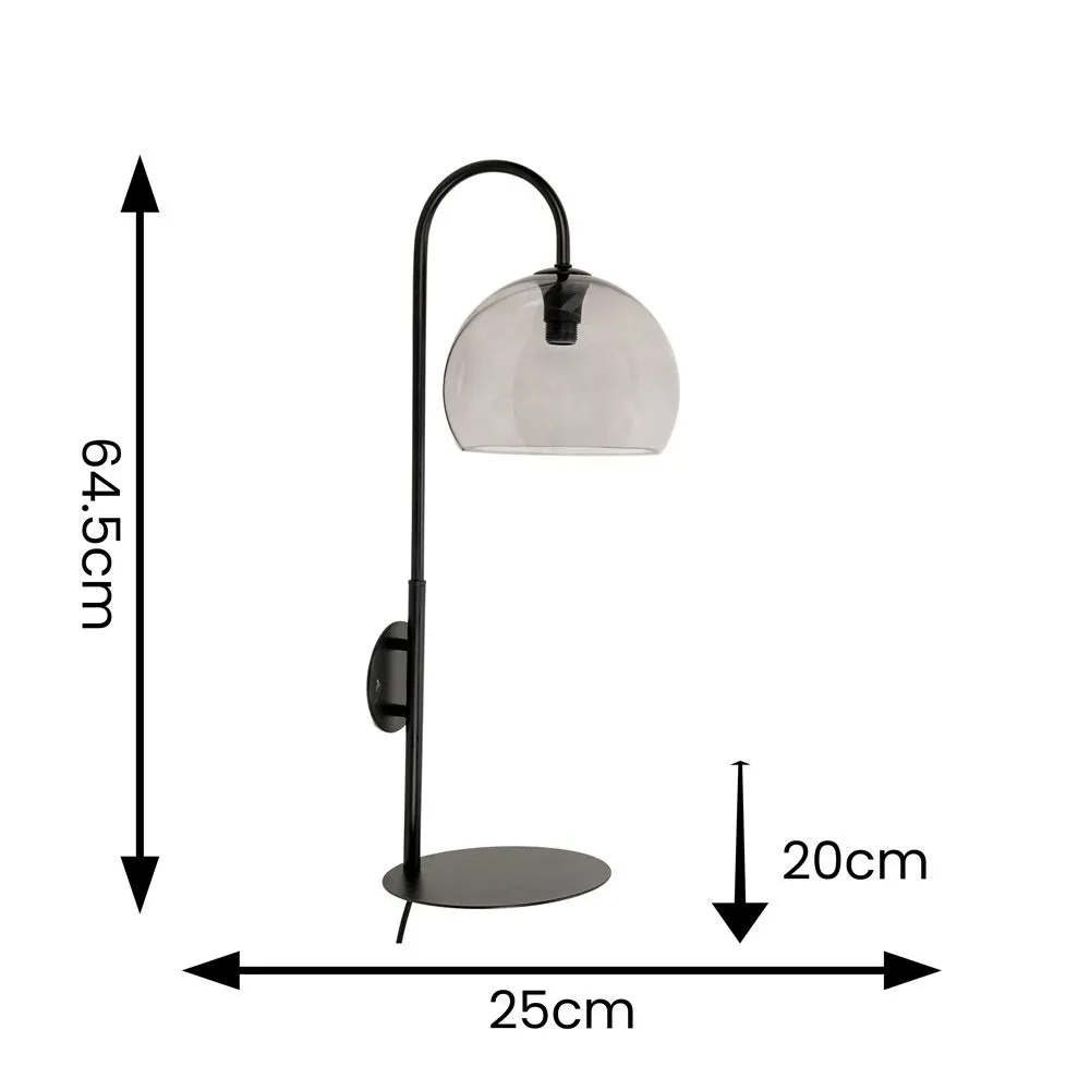 ValueLights Glenn Smoked Glass Globe Shade Wall Light with Matte Black Shelf with LED Bulb 6