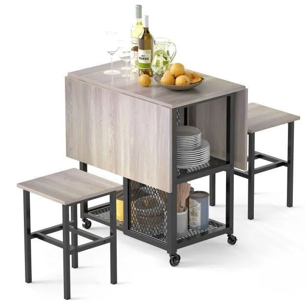 Costway Drop Leaf Bar Table Set 3 Piece Folding Dining Table Set w/2 Stools in Grey 3