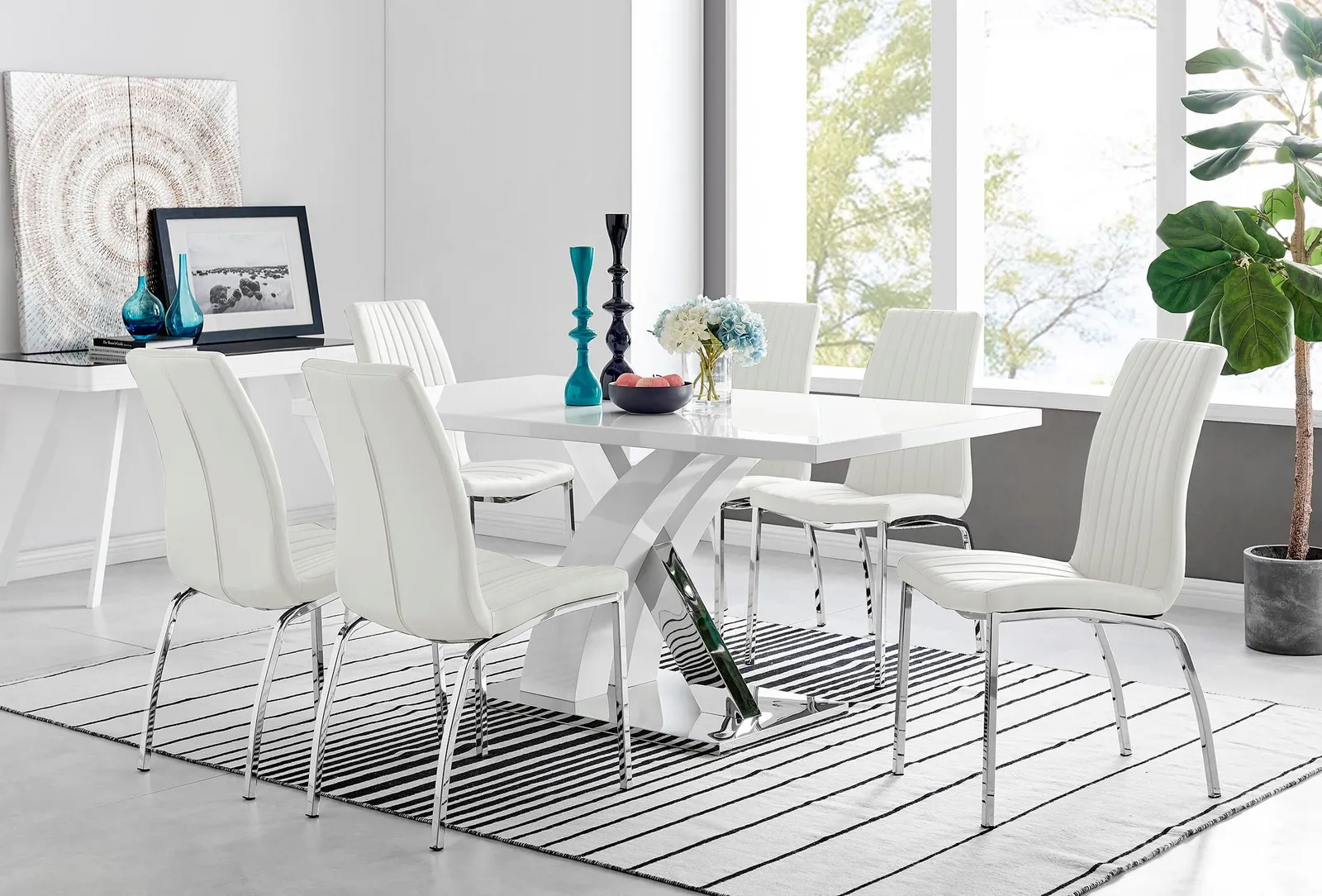 FurnitureboxUK Atlanta Modern Rectangle Chrome Metal High Gloss White Dining Table & 6 Isco Chairs Set in Off-White 1