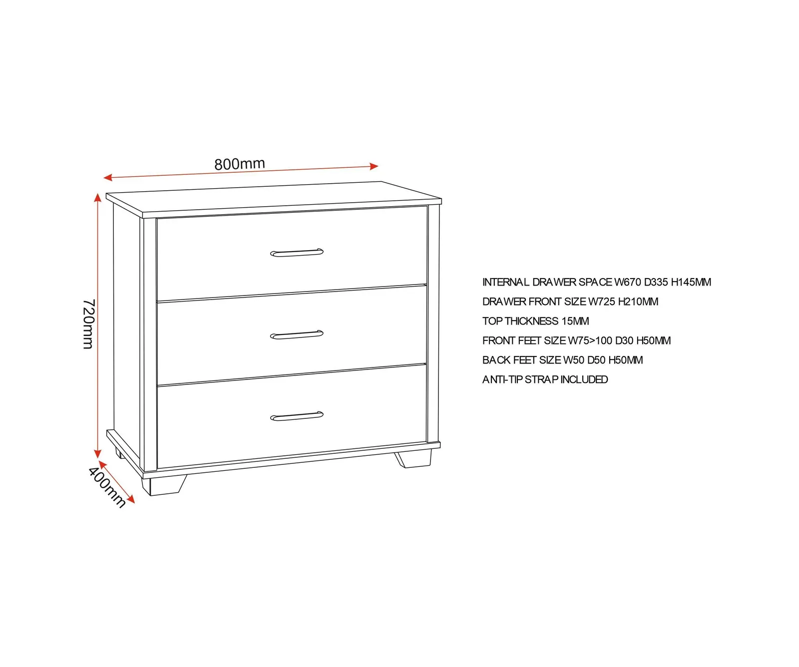 Seconique Oliver 3 Drawer Chest in Light Oak 6