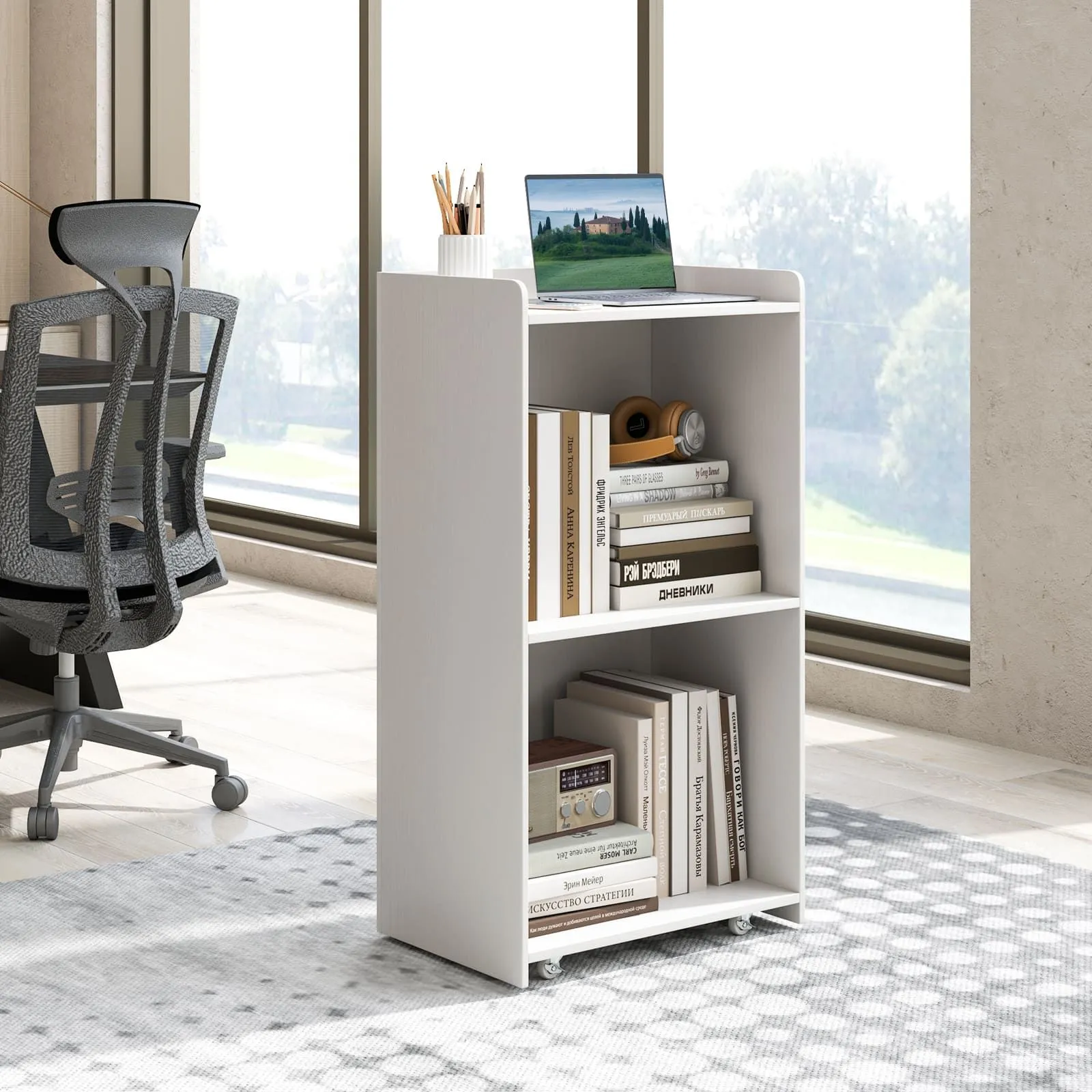 Costway Rolling Lectern Stand 105 cm Presentation Podium w/2 Shelves-White in White 5